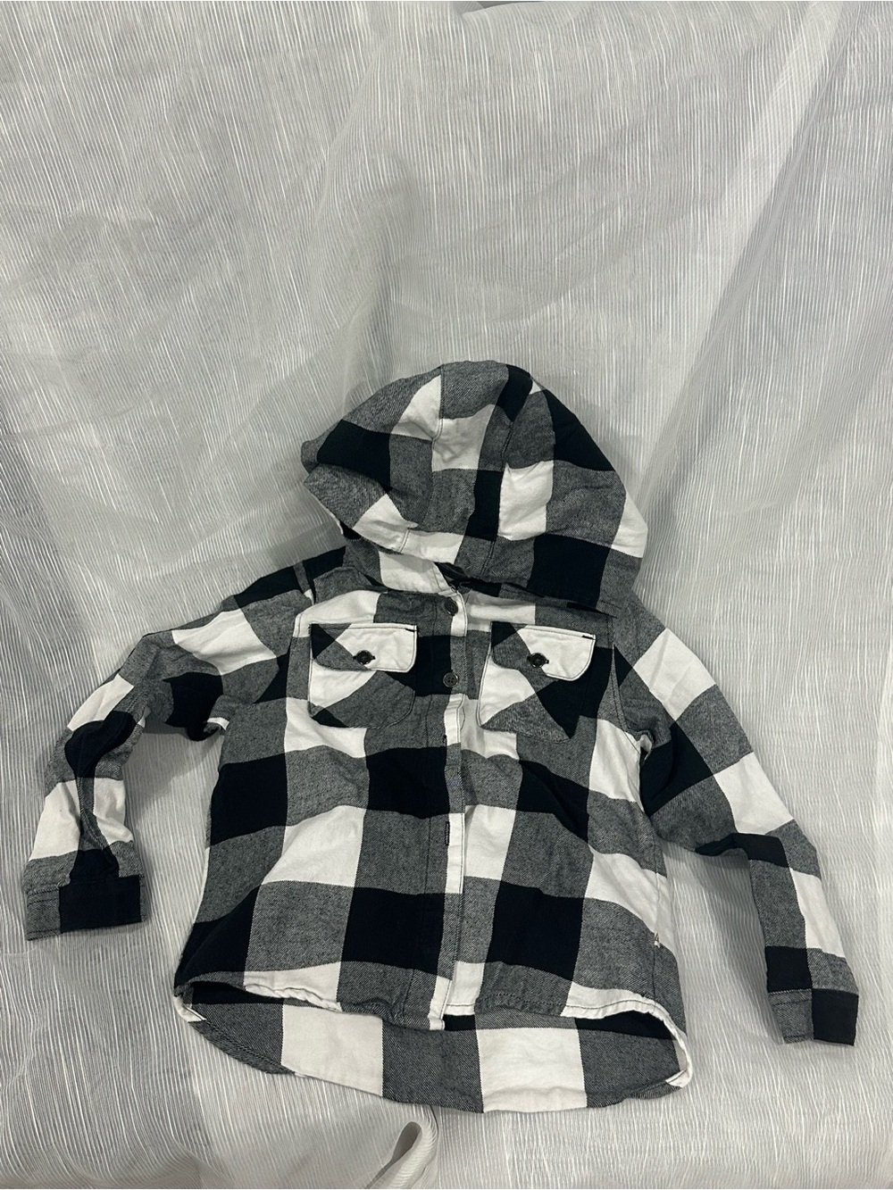 Kids Black & White Buffalo Plaid Hooded Button-Down Shirt